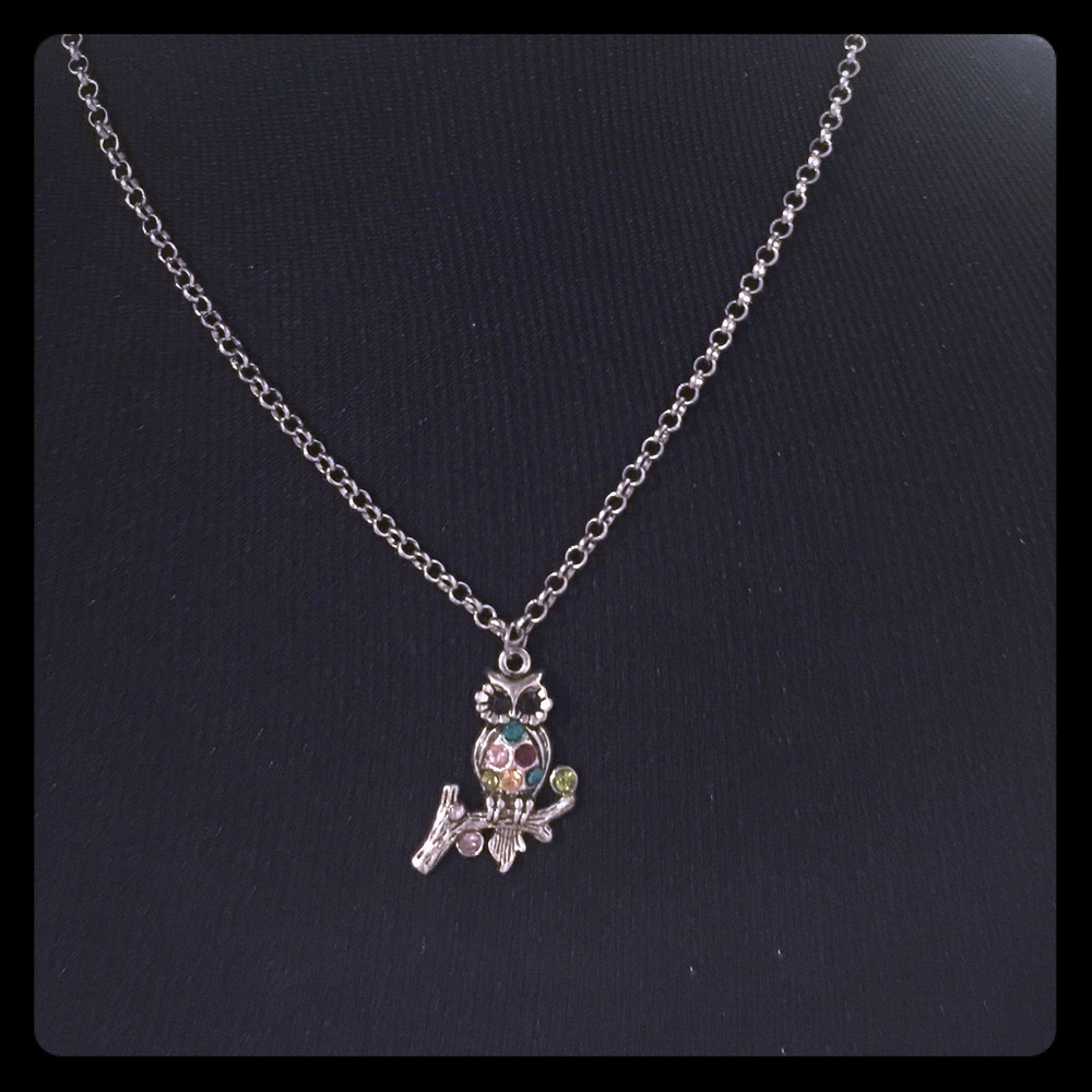 New. Multi colored jeweled Vintage owl necklace
